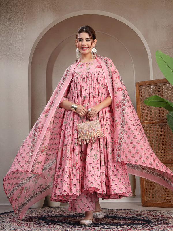 Kimayra Cotton Calf Length Printed 3/4 Sleeve Key Hole Neck Flared Kurta Suit Set