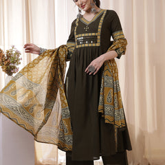 Kimayra Rayon Calf Length Solid 3/4 Sleeves V Neck Flared Kurta Suit Set