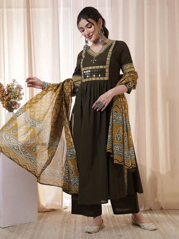 Kimayra Rayon Calf Length Solid 3/4 Sleeves V Neck Flared Kurta Suit Set