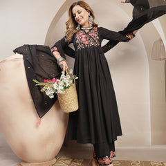 Kimayra Cotton Calf Length Solid 3/4 Sleeve V-Neck Flared Kurta Suit Set