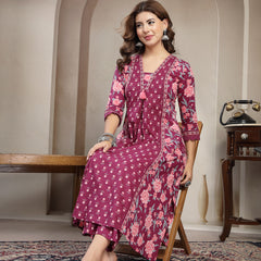Kimayra Cotton Calf Length Printed 3/4 Sleeve V-Neck Flared Kurta Suit Set