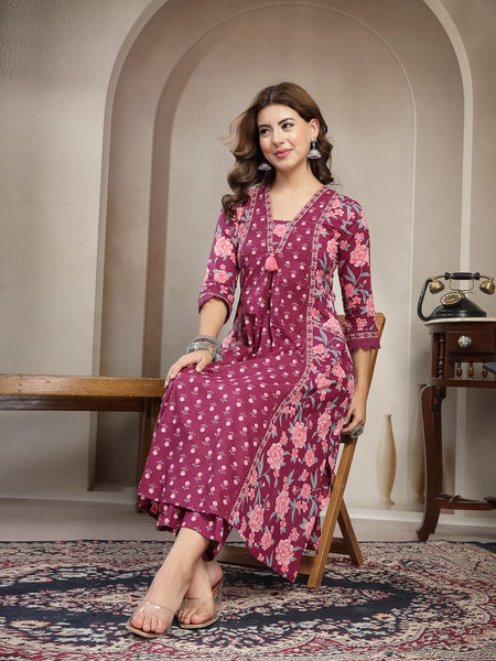Kimayra Cotton Calf Length Printed 3/4 Sleeve V-Neck Flared Kurta Suit Set