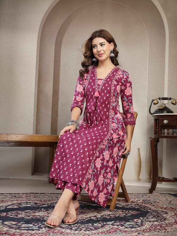 Kimayra Cotton Calf Length Printed 3/4 Sleeve V-Neck Flared Kurta Suit Set