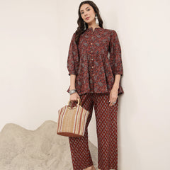 Kimayra Cotton Hip Length Printed 3/4 Sleeve Mandarin Collar Flared Kurta Suit Set