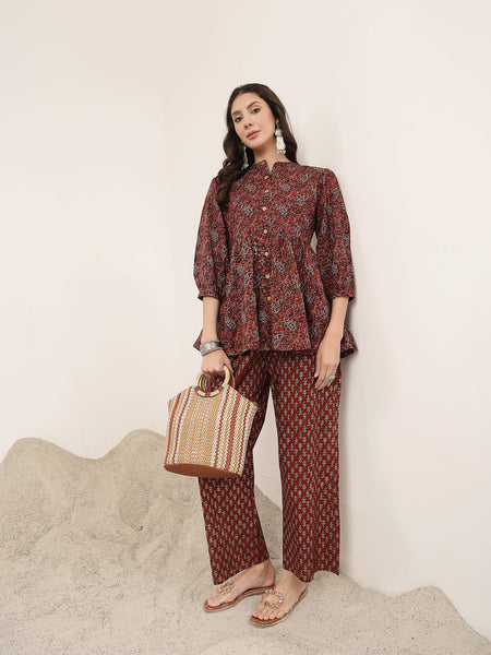 Kimayra Cotton Hip Length Printed 3/4 Sleeve Mandarin Collar Flared Kurta Suit Set