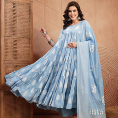 Kimayra Cotton Calf Length Printed 3/4 Sleeve Round Neck Flared Kurta Suit Set
