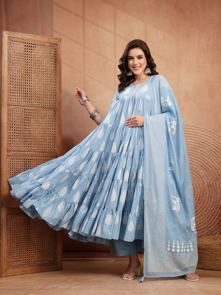 Kimayra Cotton Calf Length Printed 3/4 Sleeve Round Neck Flared Kurta Suit Set
