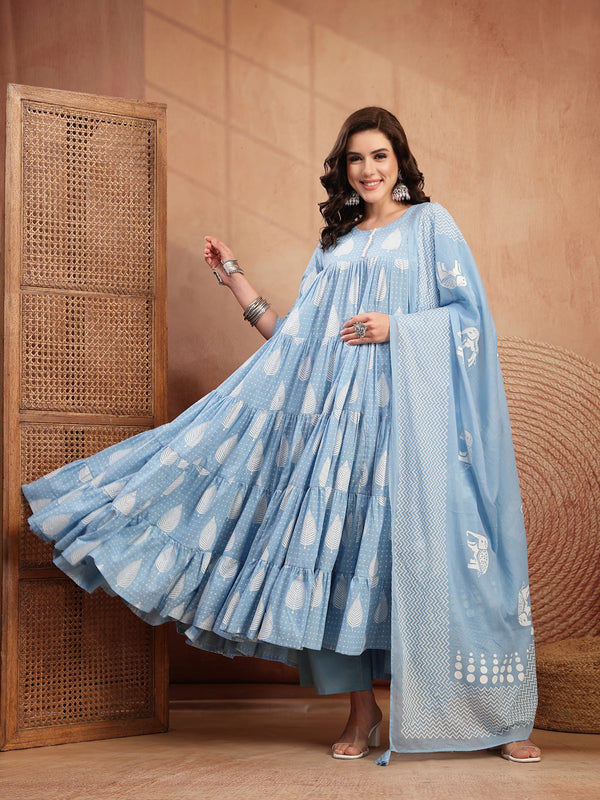 Kimayra Cotton Calf Length Printed 3/4 Sleeve Round Neck Flared Kurta Suit Set