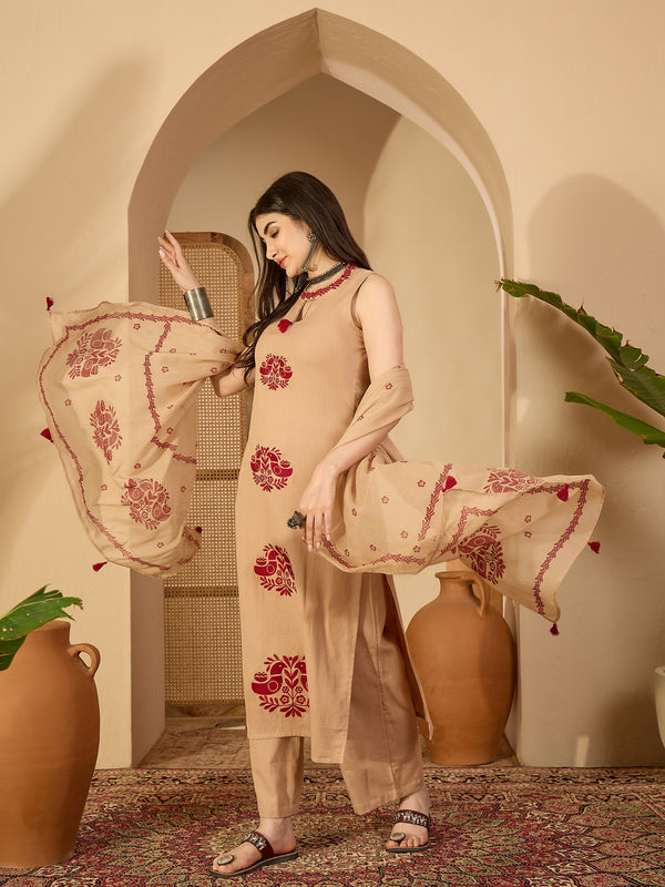 Kimayra Cotton Calf Length Printed Sleeveless Round Neck Straight Kurta Suit Set