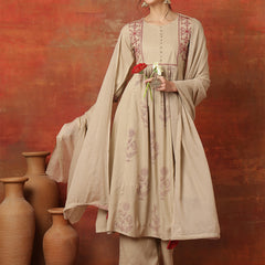 Kimayra Rayon Calf Length Printed 3/4 Sleeves Round Neck Semi-Flared Kurta Suit Set