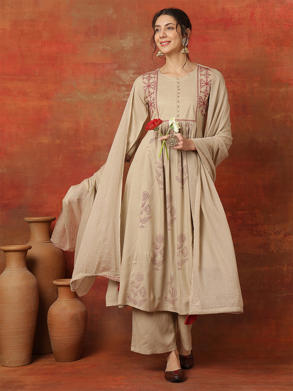 Kimayra Rayon Calf Length Printed 3/4 Sleeves Round Neck Semi-Flared Kurta Suit Set