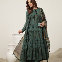 Kimayra Cotton Ankle Length Printed Full Sleeve Key Hole Neck Flared Kurta Suit Set