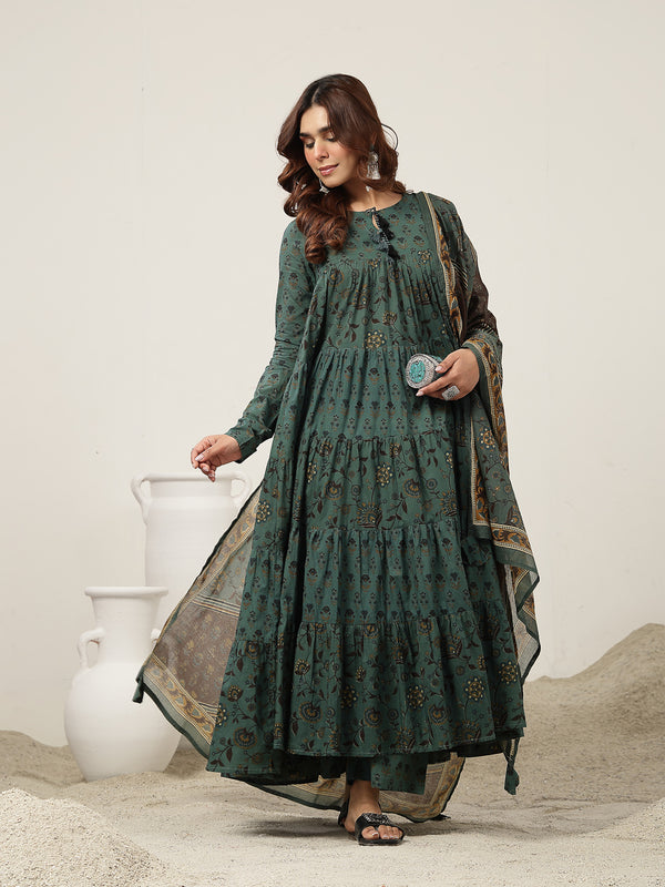 Kimayra Cotton Ankle Length Printed Full Sleeve Key Hole Neck Flared Kurta Suit Set