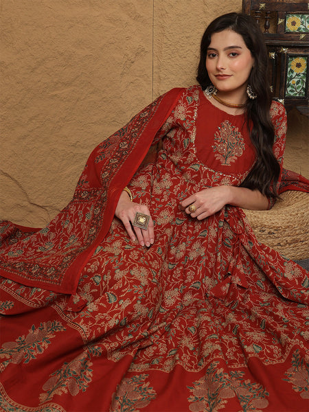 Kimayra Cotton Calf Length Printed 3/4 Sleeves Round Neck Anarkali Kurta Suit Set