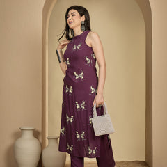Kimayra Rayon Calf Length Printed Sleeveless Round Neck A-Line Kurta Suit Set