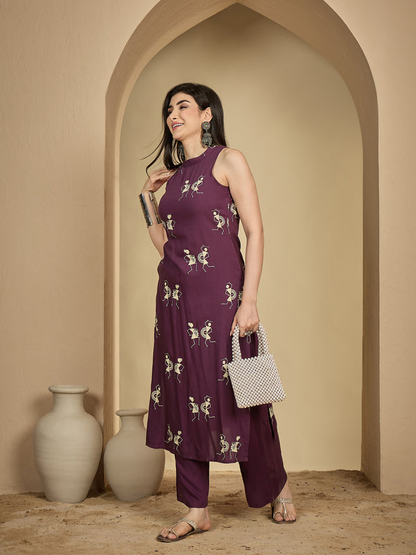 Kimayra Rayon Calf Length Printed Sleeveless Round Neck A-Line Kurta Suit Set