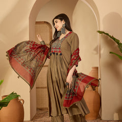 Kimayra Rayon Calf Length Solid 3/4 Sleeve V-Neck Flared Kurta Suit Set