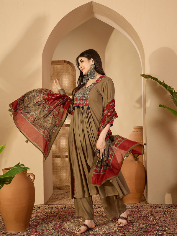 Kimayra Rayon Calf Length Solid 3/4 Sleeve V-Neck Flared Kurta Suit Set