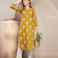 Kimayra Cotton Calf Length Printed 3/4 Sleeve V-Neck Straight Kurta