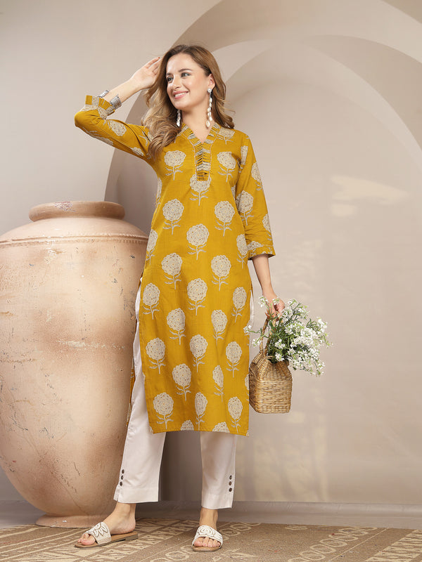 Kimayra Cotton Calf Length Printed 3/4 Sleeve V-Neck Straight Kurta