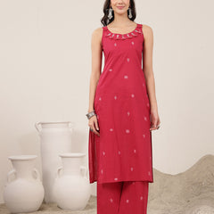 Kimayra Cotton Calf Length Solid Sleeveless Round Neck Straight Kurta Suit Set
