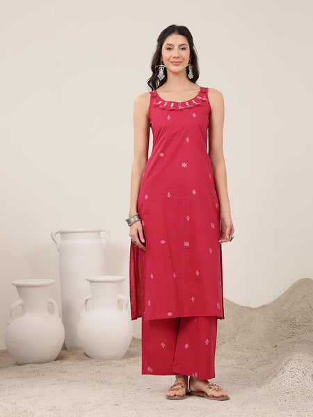 Kimayra Cotton Calf Length Solid Sleeveless Round Neck Straight Kurta Suit Set