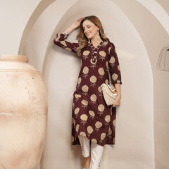 Kimayra Cotton Calf Length Printed 3/4 Sleeve V-Neck Straight Kurta