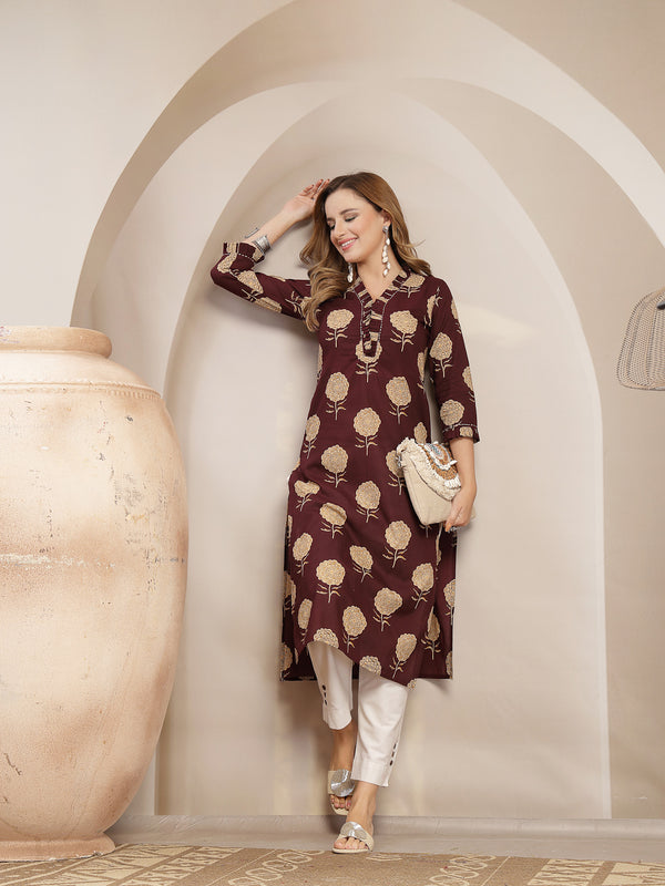 Kimayra Cotton Calf Length Printed 3/4 Sleeve V-Neck Straight Kurta