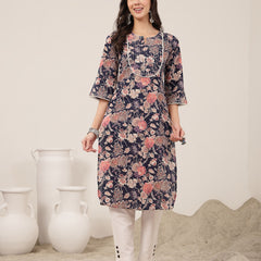 Kimayra  Calf Length Printed 3/4 Sleeve Round Neck Straight Kurta