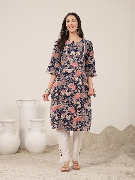 Kimayra  Calf Length Printed 3/4 Sleeve Round Neck Straight Kurta