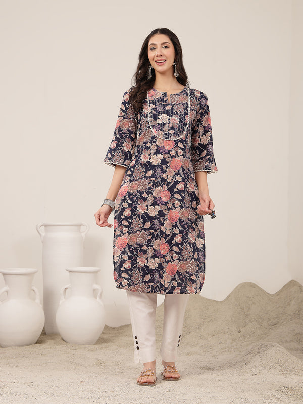 Kimayra  Calf Length Printed 3/4 Sleeve Round Neck Straight Kurta