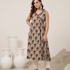 Kimayra Rayon Calf Length Printed Sleeveless V-Neck Flared Kurta