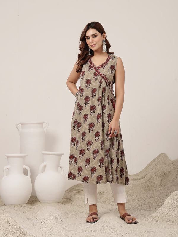 Kimayra Rayon Calf Length Printed Sleeveless V-Neck Flared Kurta