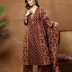 Kimayra Cotton Calf Length Printed 3/4 Sleeve V-Neck Flared Kurta Suit Set
