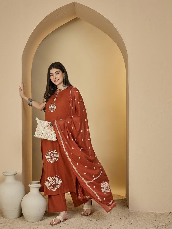 Kimayra Cotton Calf Length Printed Sleeveless Round Neck Straight Kurta Suit Set