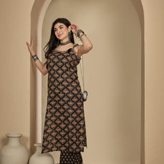 Kimayra Rayon Calf Length Printed Strappy Sleeve Round Neck A-Line Kurta Suit Set
