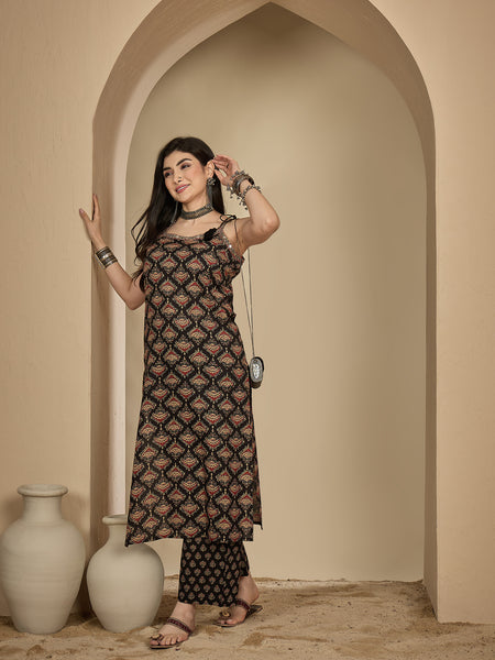 Kimayra Rayon Calf Length Printed Strappy Sleeve Round Neck A-Line Kurta Suit Set