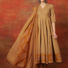 Kimayra Cotton Calf Length Printed 3/4 Sleeves V-Neck Anarkali Kurta Suit Set