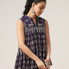 Kimayra Cotton Hip Length Printed Sleeveless Mandarin Collar Flared Top