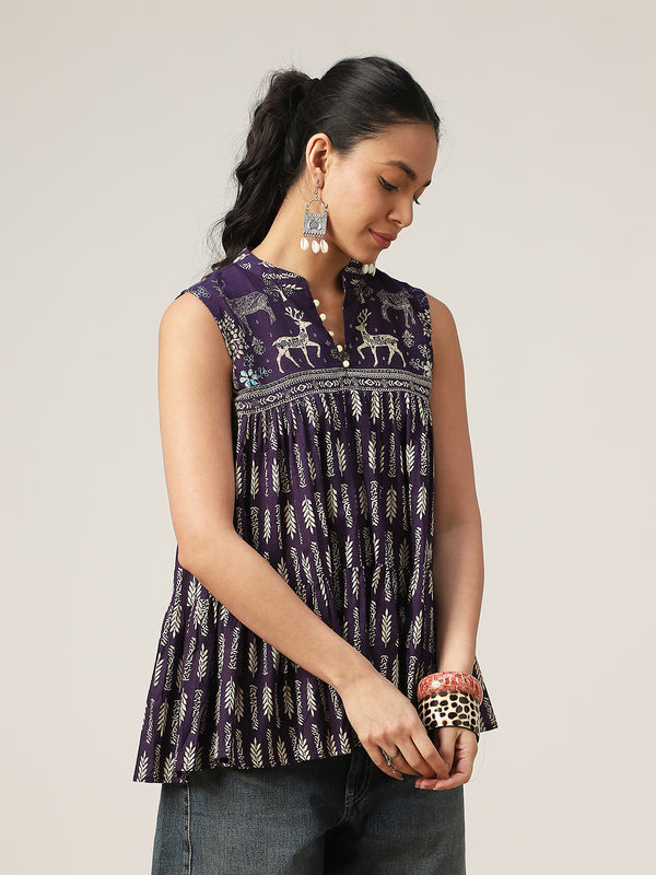 Kimayra Cotton Hip Length Printed Sleeveless Mandarin Collar Flared Top