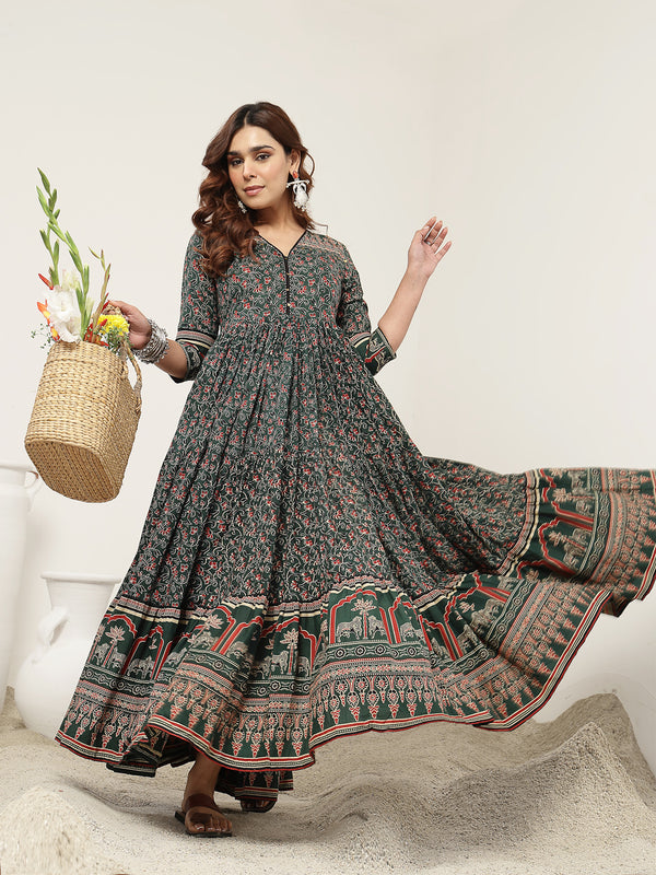 Kimayra Cotton Calf Length Printed 3/4 Sleeves V-Neck Anarkali Kurta