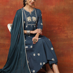 Kimayra Rayon Calf Length Printed 3/4 Sleeves Round Neck Semi-Flared Kurta Suit Set