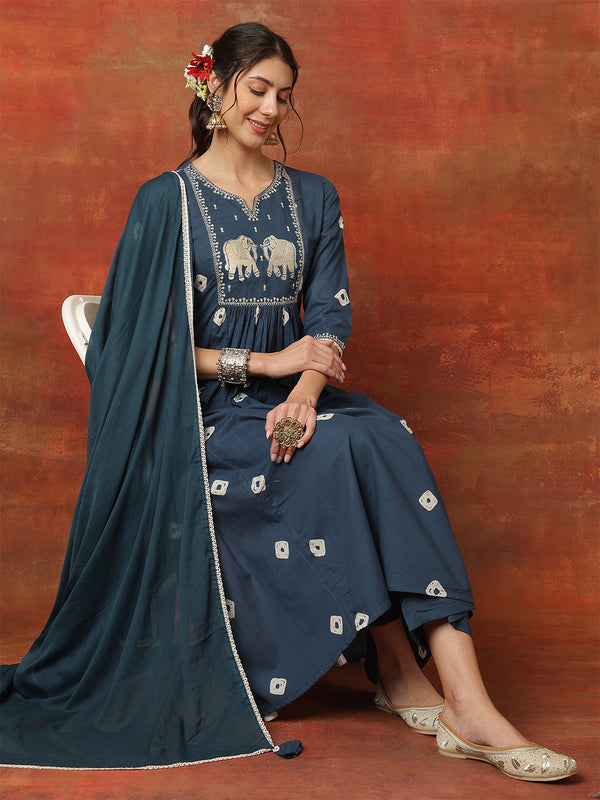 Kimayra Rayon Calf Length Printed 3/4 Sleeves Round Neck Semi-Flared Kurta Suit Set