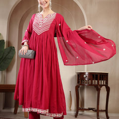 Kimayra Cotton Calf Length Solid 3/4 Sleeve Round Neck Flared Kurta Suit Set