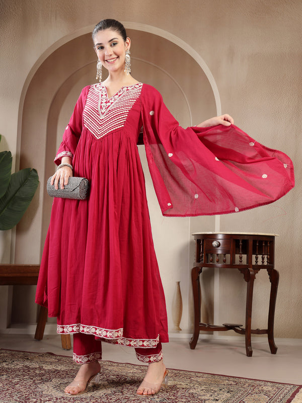 Kimayra Cotton Calf Length Solid 3/4 Sleeve Round Neck Flared Kurta Suit Set