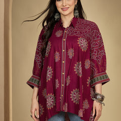Kimayra Rayon Hip Length Printed 3/4 Sleeve Shirt Collar Flared Top