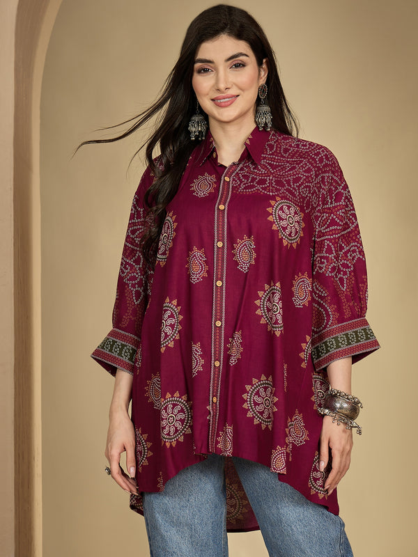 Kimayra Rayon Hip Length Printed 3/4 Sleeve Shirt Collar Flared Top