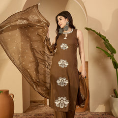 Kimayra Cotton Calf Length Printed Sleeveless Round Neck Straight Kurta Suit Set