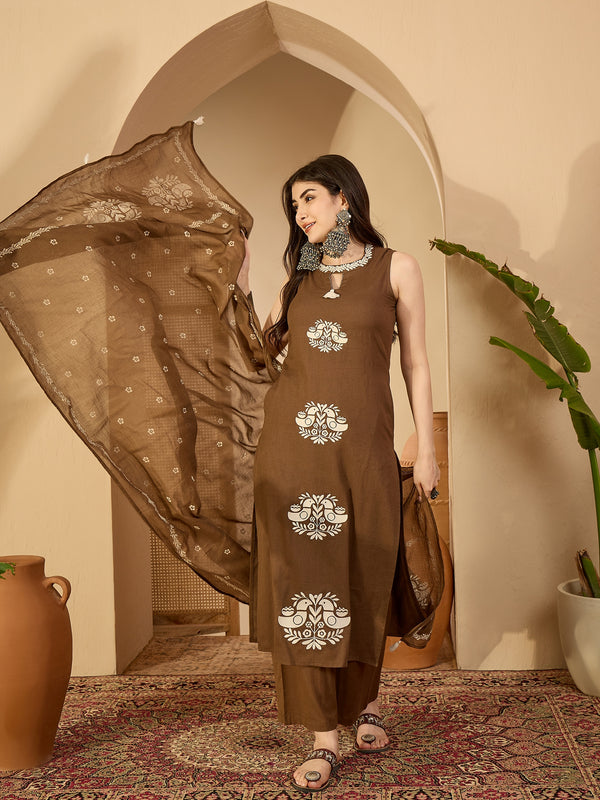 Kimayra Cotton Calf Length Printed Sleeveless Round Neck Straight Kurta Suit Set