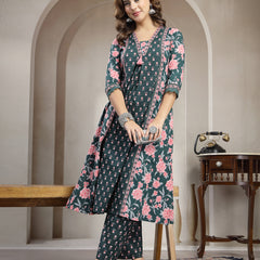 Kimayra Cotton Calf Length Printed 3/4 Sleeve V-Neck Flared Kurta Suit Set